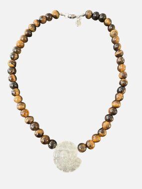 Mayamar Tigers Eye Beaded Necklace Pearlized Quartz Medallion